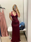 Sexy Sheath Halter V Neckline Burgundy Satin Slit Party Dress Long Prom Dress