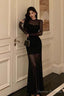 Sexy Sheath Scoop Long Sleeves Black Prom Dresses Birthday Outfits Evening Gown