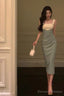 Sexy Sheath Straps Green Satin Prom Dresses Birthday Outfits Evening Gown