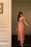 Sexy Sheath Straps Pink Floral Chiffon Ruffles Prom Dresses Birthday Outfits Evening Gown