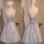 Sexy Short A-Line Deep V Neck V-Back Sleeveless Lace Up Back Organza Appliques Homecoming Dress