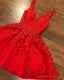 Sexy Short V-Neck Red Lace Prom Dresses Cheap Party Dress