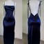 Sexy Sheath Spaghetti Straps Backless Navy Blue Satin Prom Dress Evening Dress