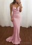 Sheath/Column Cowl Neck Spaghetti Straps Sweep Train Satin Prom Dresses