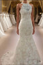 Sheath/Column Halter Sweep Train Lace Wedding Dress
