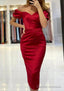 Sheath/Column Off-the-Shoulder Short Sleeve Tea-Length Satin Prom Dresses With Pleated