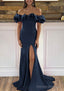 Sheath/Column Off-the-Shoulder Sleeveless Sweep Train Satin Prom Dresses With Ruffles Split