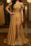 Sheath/Column Off-the-Shoulder Sweep Train Elastic Woven Satin Prom Dress With Appliques Lace