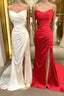 Sheath/Column Spaghetti Straps Sweep Train Elastic Woven Satin Prom Dress With Leg Slit