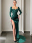 Sheath/Column Square Sweep Train Satin Prom Dresses With Leg Slit