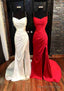 Sheath/Column V Neck Spaghetti Straps Sweep Train Satin Prom Dresses With Pleated Split