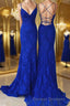 Sheath/Column V-neck Sweep Train Lace Prom Dress