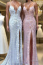 Sheath/Column V-neck Sweep Train Sequins Prom Dress With Leg Slit