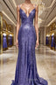Sheath/Column V-neck Sweep Train Sequins Prom Dress With Leg Slit