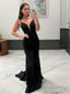 Sheath/Column V-neck Sweep Train Stretch Crepe Prom Dresses With Appliques Lace