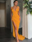 Sheath/Column V-neck Sweep Train Stretch Crepe Prom Dresses With Leg Slit