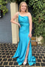 Sheath One Shoulder Sky Blue Long Prom Dress with Split Front