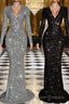 Sheath V-neck Long Sleeves Ruffles Sweep Train Velvet Sequins Dress