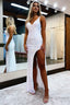 Sheath V Neck White Sequins Long Prom Dress with Silt
