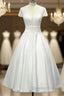Sheer Back Satin Buttons Tea Length Cap Sleeves Wedding Dress