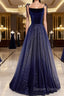 Shining Navy Blue Suede Fine Shoulder Strap Sleeveless Off Shoulder Evening Dress With Navy Blue A-Line Princess Sequin Backless And Ground Length Ruffled Edge For Evening Dress