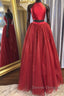 Shiny 2 Pieces Halter Neck Red Long Prom Dress, Two Pieces Red Formal Graduation Evening Dress