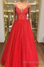 Shiny A Line V Neck Black Red Long Prom Dress, V Neck Backless Long Formal Evening Dress