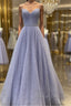 Shiny A Line V Neck Purple Lace Prom Dress, A Line V Neck Purple Lace Formal Evening Dress