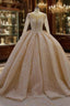 Shiny Ball Gown Tulle Jewel Long Sleevess Ruffless Wedding Dress