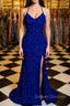 Shiny Blue Sequins Mermaid Backless Long Prom Dress with High Slit, Mermaid Blue Formal Dress, Blue Evening Dress