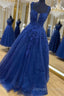 Shiny Navy Blue Lace Prom Dress, Navy Blue Lace Formal Graduation Dress
