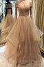 Shiny Off Shoulder Champagne Long Prom Dress, Off the Shoulder Champagne Formal Dress, Fluffy Champagne Evening Dress