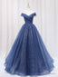 Shiny Off Shoulder Navy Blue Tulle Long Prom Dresses, Navy Blue Formal Graduation Evening Dresses