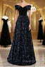 Shiny Off the Shoulder Black Prom Dress with Corset Back, Shiny Black Long Formal Evening Dress