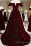 Shiny Off The Shoulder Burgundy Long Prom Dress, Wine Red Long Formal Evening Dress