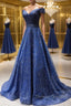 Shiny Off the Shoulder Navy Blue Long Prom Dress, Off Shoulder Blue Formal Evening Dress