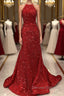 Shiny Sequins Backless Mermaid Red Long Prom Dress, Mermaid Red Formal Dress, Backless Red Evening Dress