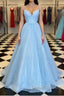 Shiny Sequins V Neck Blue Long Prom Dress, Sparkly Blue Formal Graduation Evening Dress