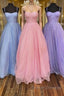 Shiny Tulle Open Back Long Prom Dress, Long Tulle Formal Graduation Evening Dress