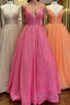 Shiny Tulle V Neck Backless Hot Pink/Orange/Champagne Long Prom Dress, Backless Hot Pink/Orange/Champagne Formal Graduation Evening Dress