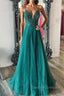 Shiny V Neck Backless Beaded Green Tulle Long Prom Dress, Green Lace Formal Dress, Beaded Evening Dress