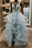 Shiny V Neck Backless Fluffy Blue Long Prom Dress, V Neck Blue Formal Dress, Blue Lace Evening Dress