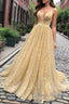 Shiny V Neck Backless Long Golden Prom Dress, Sparkly Golden Formal Dress, Golden Evening Dress
