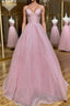 Shiny V Neck Backless Pink Long Prom Dress, Backless Pink Formal Graduation Evening Dress