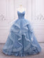 Shiny V Neck Blue Long Prom Dresses, Shiny V Neck Blue Long Formal Graduation Dresses