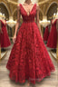 Shiny V Neck Burgundy Lace Long Prom Dress, Burgundy Lace Formal Dress, Sparkly Burgundy Evening Dress