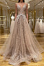 Shiny V Neck Champagne Lace Prom Dress, Champagne V Neck Lace Formal Graduation Evening Dress