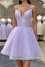Shiny V Neck Lilac Short Prom Dress, Lilac Homecoming Dress
