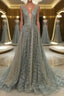 Shiny V Neck Open Back Champagne Long Prom Dress, Champagne Formal Graduation Evening Dress