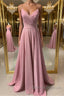 Shiny V Neck Pink Long Prom Dress, Pink V Neck Long Formal Evening Dress